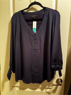 Navy V-Neck Tie-Sleeve Blouse